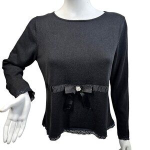 90s KIKIT Knitwear Black Cotton Sweater Long Slv Ribbon Accent Lace Trim Women L
